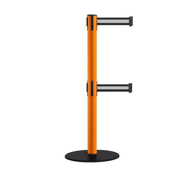 Montour Line Retractable Dbl Belt 2.5" Orange Post , Low Base, 7.5'Bk/W H Belt - S400D-OR-BWH-75