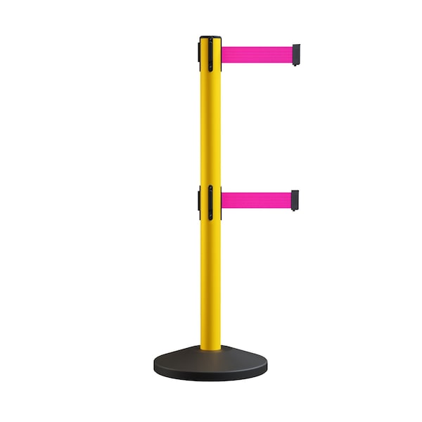 Montour Line Stanchion Double Belt Barrier Yellow Post  13ft. Fl. Pink Belt - ES400D-YW-FPK-130