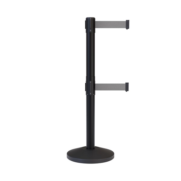 Montour Line Stanchion Dual Belt Barrier Black Post 11ft. Lt Gry Belt - ES400D-BK-LGY-110