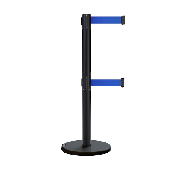 Montour Line Retractable Double Belt Rolling Stanchion, Brown, 9 ft Length, 2.5 ft Post Height - P400DRL-BK-BL-90