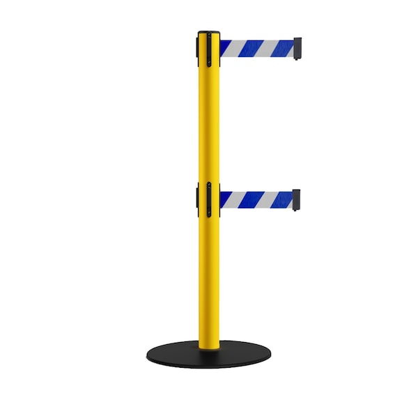 Montour Line Retractable Dbl Belt 2.5" YW Post , Low Base, 11' Blu/Wh Belt - S400D-YW-BWD-110