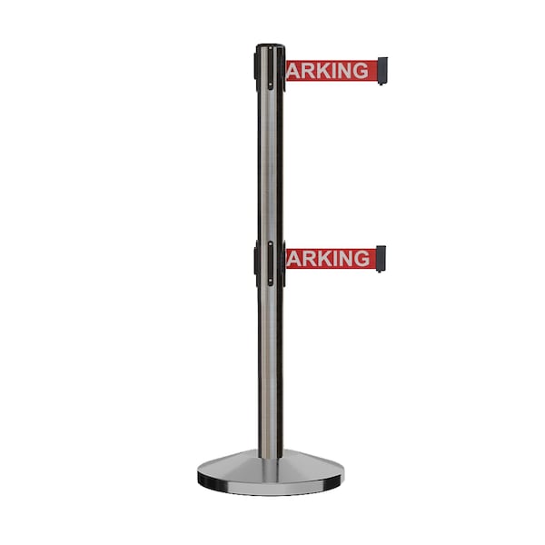 Montour Line Stanchion Belt Barrier Sat.Steel Post 9ft. NoPa.Belt - ES400C-SS-NOPARRW-90