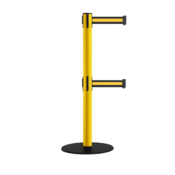 Montour Line Retractable Dbl Belt 2.5" YW Post , Low Base, 9' Bk/Y H Belt - S400D-YW-BYH-90