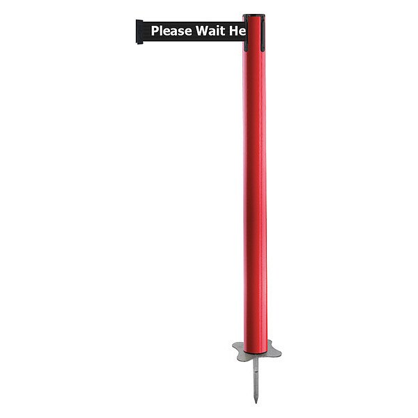 Tensabarrier Barrier Post with Belt, Red, 7 1/2 ft Length, 43 in Post Height, Please Wait Here, Unfinished - 884-21-STD-BCX-C