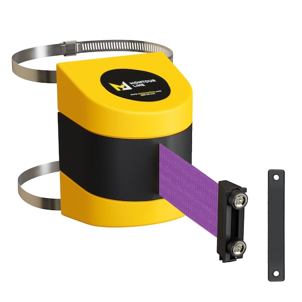 Montour Line Retractable Belt Barrier Yellow Clamped Mount, 30ft. Purple Belt (M) - PWM300-YW-PE-C-M-300
