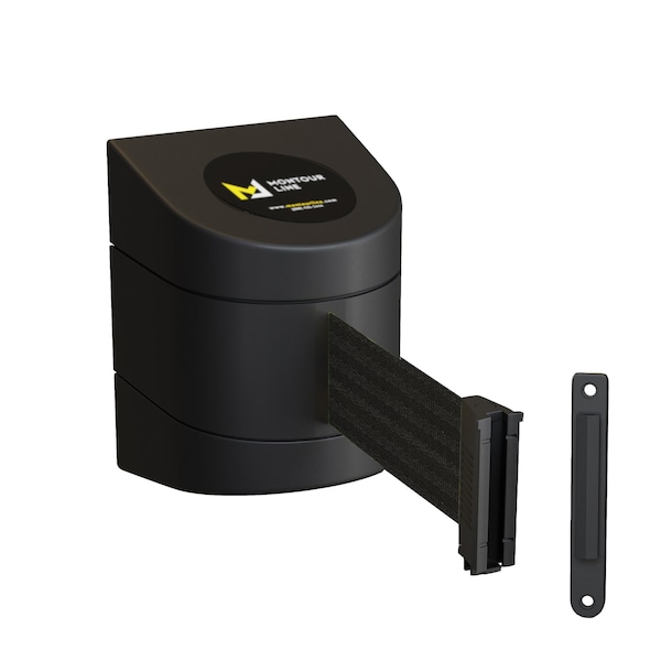 Montour Line Retractable Belt Barrier, Wall Mount, Black Case Fixed 13 ft. Black Belt - PWM200-BK-BK-F-S-130