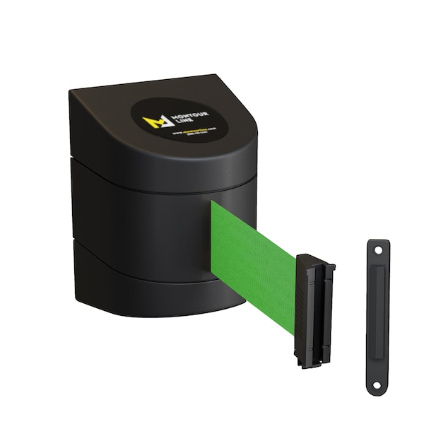 Montour Line Retractable Belt Barrier Black Fixed Wall Mount 9' Green Belt (F) - PWM200-BK-GN-F-S-90