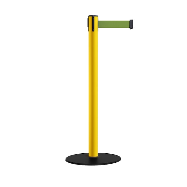 Montour Line Retr. Belt Stanchion, Low Base, 2.5in YLW Post  9' Olive Belt - S400-YW-OL-90
