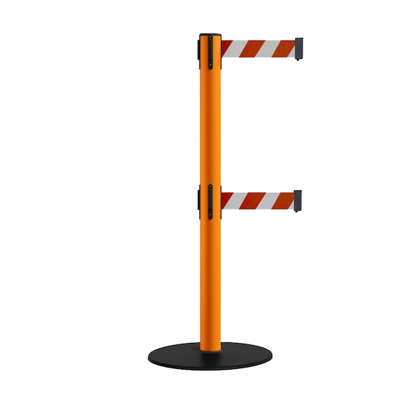 Montour Line Retractable Dbl Belt 2.5" Orange Post , Low Base, 11' Rd/Wh Belt - S400D-OR-RWD-110