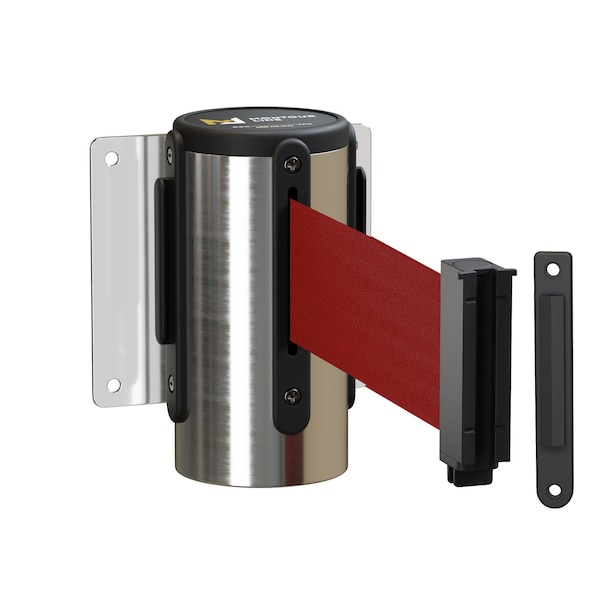 Montour Line Retr. Belt Barrier Wall Mnt Pol. Stainless Case Fxd, 8.5' Maroon Belt - MWM100-PS-MN-F-S-85