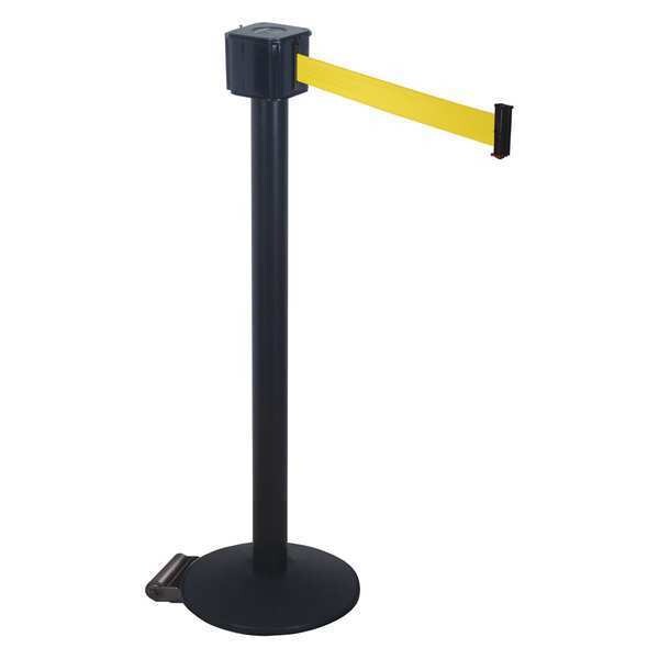 Retracta-Belt Barrier Post with Belt, Black, 30 ft Length, 40 in Post Height, No Legend, Black - PM412-30BA-YW