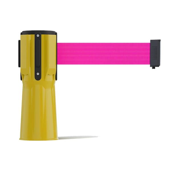 Montour Line Retractable Belt Barrier Cone Mount Yellow Case 9ft. Fl.Pnk Belt - CP100-YW-FPK-90