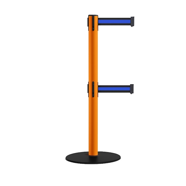 Montour Line Retractable Dbl Belt 2.5" Orange Post , Low Base, 11' Bk/Bl Belt - S400D-OR-BBH-110