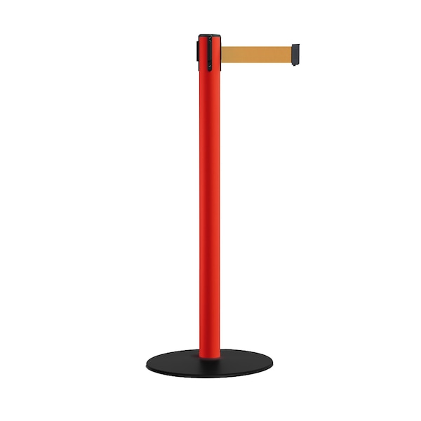 Montour Line Retractable Belt Stanchion, Low Base, 2.5" Red Post  7.5'Brown Belt - S400-RD-BN-75