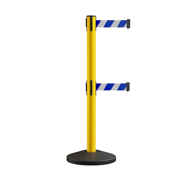 Montour Line Retractable Dbl Belt Rolling Stanchion, 2.5in YW Post  9' Blu/Wh Belt - ES400D-YW-BWD-90