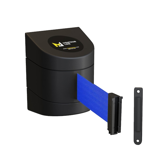 Montour Line Retractable Belt Barrier Black Fixed Wall Mount 15' Blue Belt (F) - PWM200-BK-BL-F-S-150