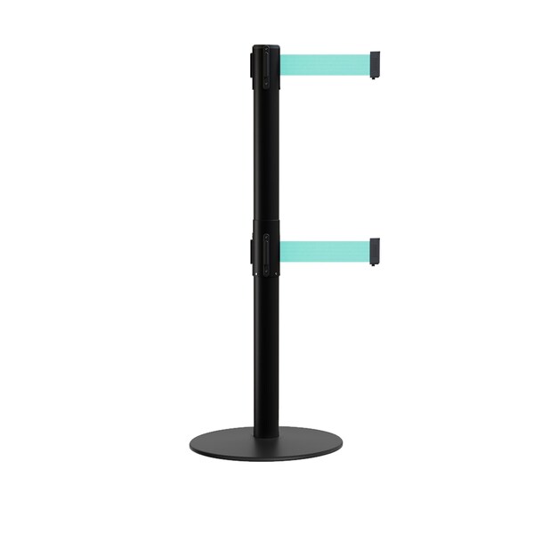 Montour Line Stanchion Dual Belt Barrier Flat Base Black Post 9ft.Lt GreenBelt - S400D-BK-LGN-90