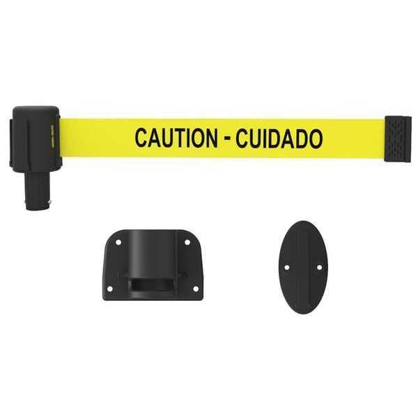 Banner Stakes Retractable Belt Barrier, Yellow, 15 ft Length, Caution - Cuidado - PL4107
