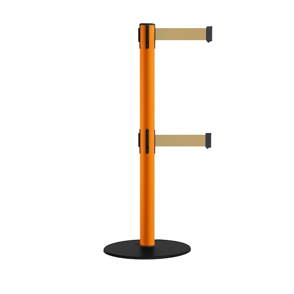 Montour Line Retractable Dbl Belt 2.5" Orange Post , Low Base, 7.5'Lt BrwnBelt - S400D-OR-LBN-75