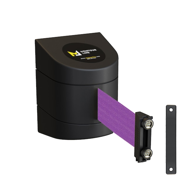 Montour Line Retractable Belt Barrier Black Magnetic Wall Mount 20' Purple Belt (M) - PWM300-BK-PE-M-M-200