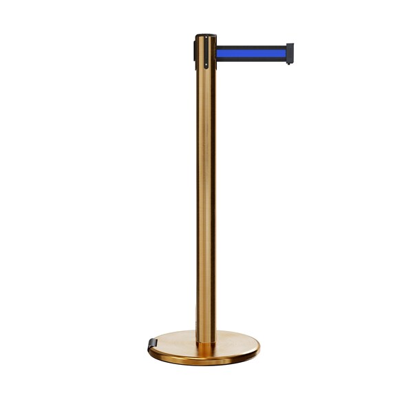 Montour Line Retractable Belt Rolling Stanchion, 2.5ft Sat.Brass Post  11ft. Bk/Bl - P400RL-SB-BBH-110