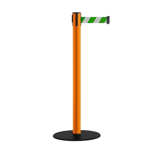 Montour Line Retractable Belt Stanchion, Low Base, 2.5" Orange Post 11' Grn/Wh Belt - S400-OR-GWD-110