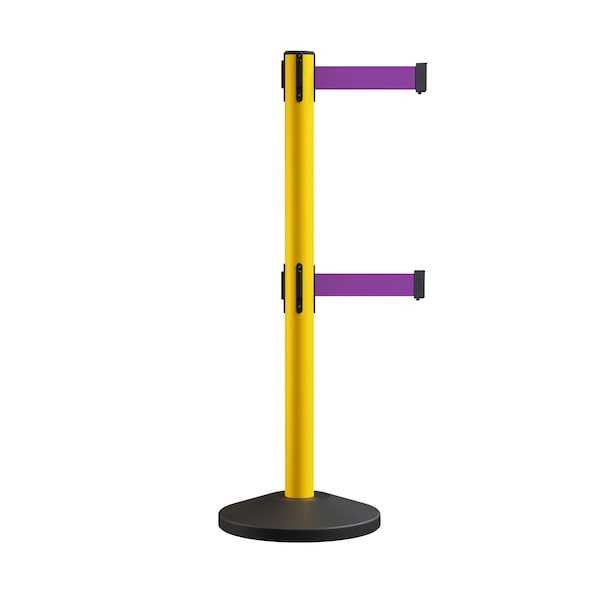 Montour Line Retractable Dbl Belt Rolling Stanchion, 2.5in YW Post  11' Purple Belt - ES400D-YW-PE-110