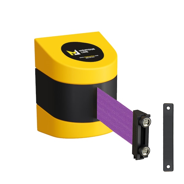 Montour Line Retractable Belt Barrier YW Magnetic Wall Mount 15' Purple Belt (M) - PWM200-YW-PE-M-M-150