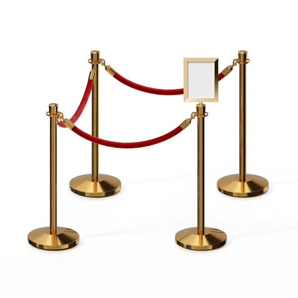 Montour Line Stanchion Post and Rope Kit Pol.Brass, 4CrownTop 3RedRope 8.5x11V Sign - 3PBCNTAP8511H3PVRDPB