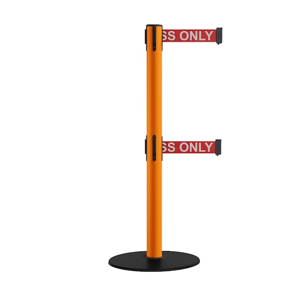 Montour Line Retractable Dbl Belt 2.5" Orange Post , Low Base, 9' R.Auth.Belt - S400D-OR-AUTHRW-90