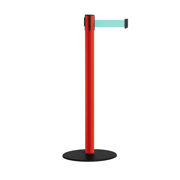 Montour Line Retractable Belt Stanchion, Low Base, 2.5" Red Post  7.5'Lt Grn Belt - S400-RD-LGN-75