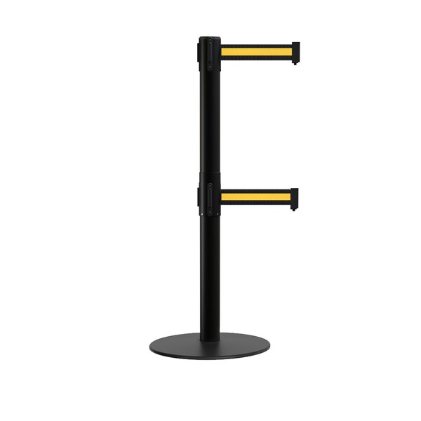 Montour Line Stanchion Dual Belt Barrier Flat Base Black Post 9ft.Blk/Y H Belt - S400D-BK-BYH-90