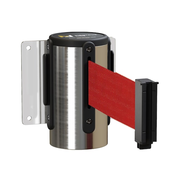 Montour Line Retractable Belt Barrier Wall Mount PSteel Case Fixed 16ft Red Belt - MWM150-PS-RD-F-S-160