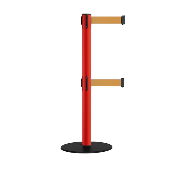 Montour Line Retractable Dbl Belt 2.5" Red Post , Low Base, 9' Brown Belt - S400D-RD-BN-90