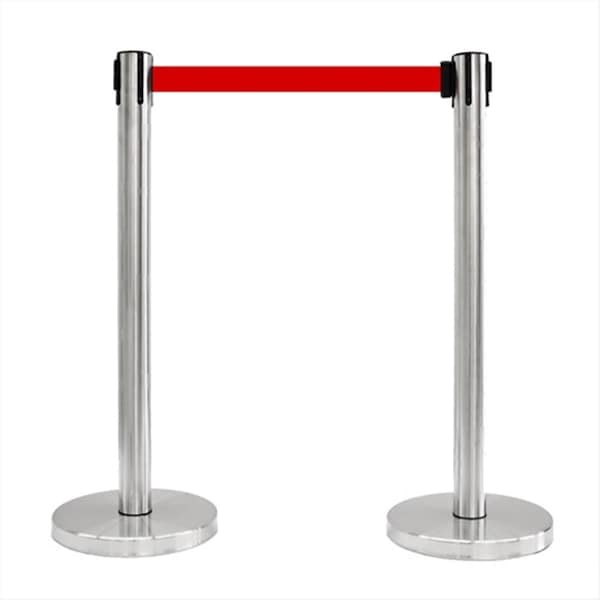 Captain Cold 12 in. Flat Base Satin Stainless Post Retractable Belt Stanchion - 6.5 ft. Red belt - CA2064628