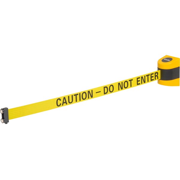 Global Industrial Magnetic Retractable Belt Barrier, Yellow Case W/ 15ft Yellow Caution Belt - 708418YBC