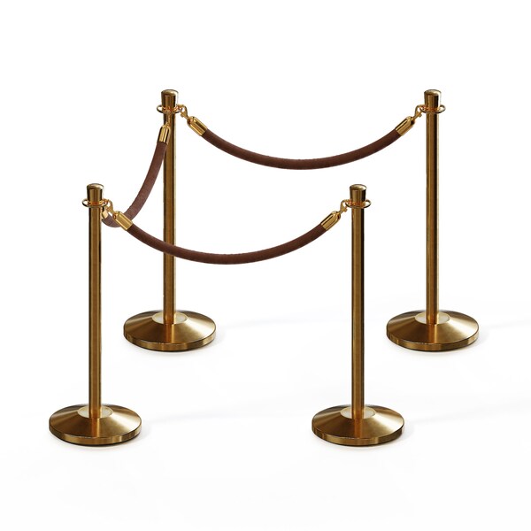 Montour Line Stanchion Post and Rope Kit Sat.Brass, 4 Crown Top 3 Tan Rope - 4-SB-CN-3-PVR-TN-PB