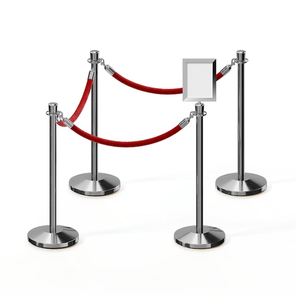 Montour Line Stanchion Post & Rope Kit Pol.Steel, 4CrownTop 3RedRope 8.5x11V Sign - 3PSCNTAP8511H3PVRDPS