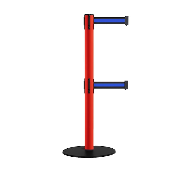 Montour Line Retractable Dbl Belt 2.5" Red Post , Low Base, 11' Bk/Bl Belt - S400D-RD-BBH-110