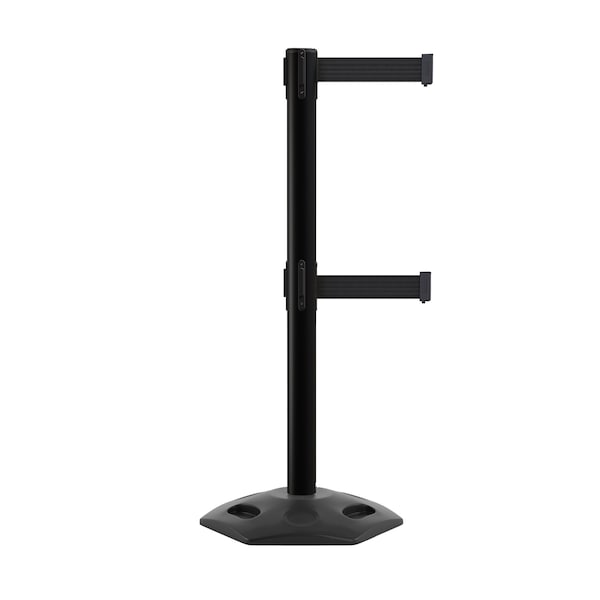 Montour Line Stanchion Dual Belt Barr. Rubber Base Black Post 7.5ftBlack Belt - P400DHDRB-BK-BK-75