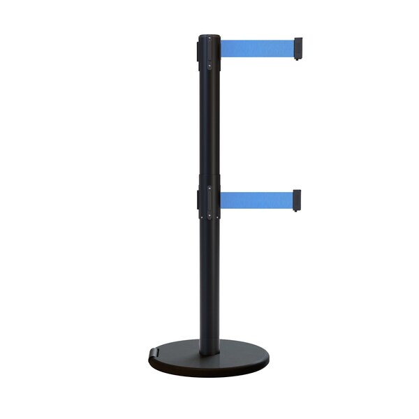 Montour Line Retractable Double Belt Rolling Stanchion, Light Blue, 9 ft Length, 2.5 ft Post Height - P400DRL-BK-LBL-90