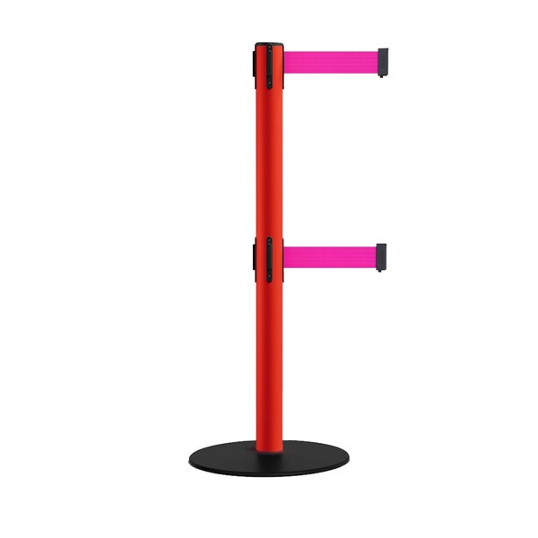 Montour Line Retractable Dbl Belt 2.5" Red Post , Low Base, 11' Fl.Pnk Belt - S400D-RD-FPK-110