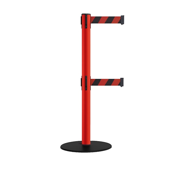 Montour Line Retractable Dbl Belt 2.5" Red Post , Low Base, 11' Blk/Rd Belt - S400D-RD-BRD-110