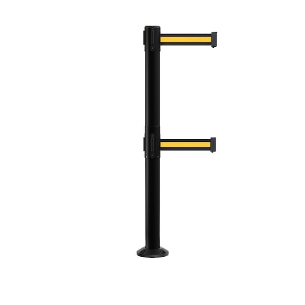Montour Line Stanchion Dual Belt Barrier Fixed Base Black Post 11ft.Bk/Y H Belt - P400DF-BK-BYH-110