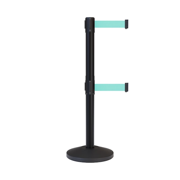Montour Line Stanchion Dual Belt Barrier Black Post 9ft. Lt Grn Belt - ES400D-BK-LGN-90