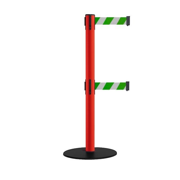 Montour Line Retractable Dbl Belt 2.5" Red Post , Low Base, 11' Grn/Wh Belt - S400D-RD-GWD-110