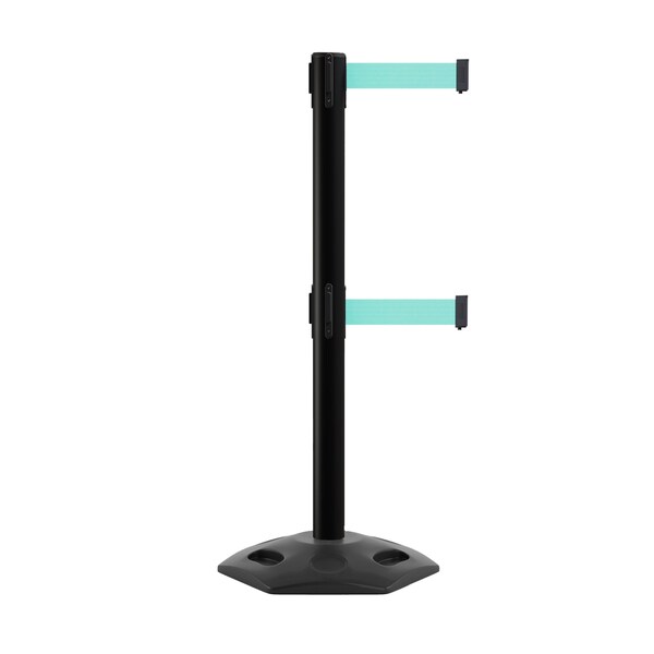 Montour Line Stanchion Dual Belt Barr. Rubber Base Black Post 7.5ftLt Grn Belt - P400DRB-BK-LGN-75