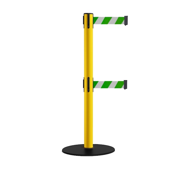 Montour Line Retractable Dbl Belt 2.5" YW Post , Low Base, 7.5'Grn/Wh Belt - S400D-YW-GWD-75