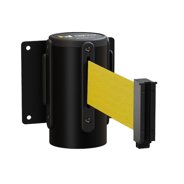 Montour Line Retractable Belt Barrier Wall Mount Black Case Fixed 14ft. Yellow Belt - MWM150-BK-YW-F-S-140