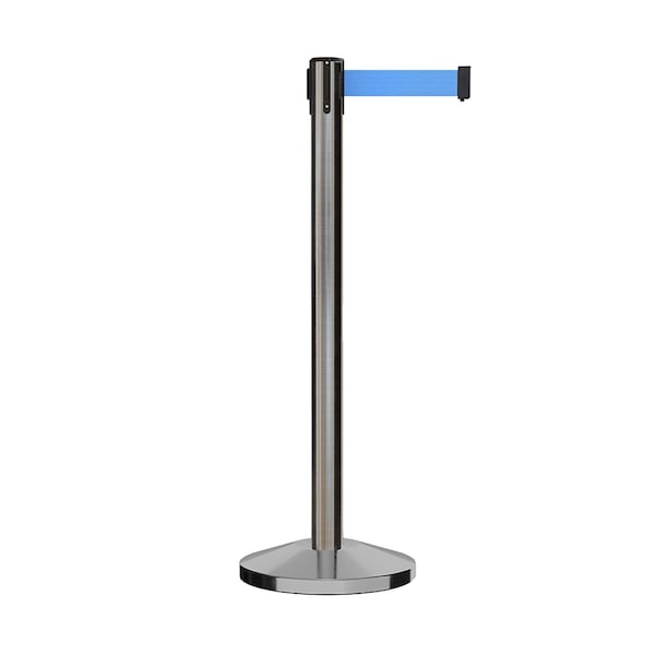 Montour Line Stanchion Belt Barrier Sat.Steel Post 9ft. Lt Blu Belt - ES400-SS-LBL-ML-90